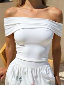 Livesso Women's Solid Color Off-Shoulder Slim Fit T-Shirt - White - View 2