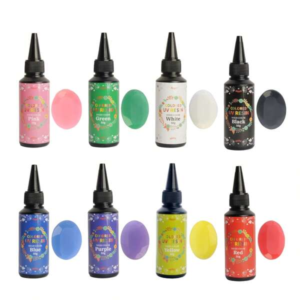 Kit de résine UV colorée opaque - Résine ultraviolette rigide et transparente pour l'artisanat, la fabrication de bijoux et la décoration - Boucles d'oreilles, bagues, porte-clés - 8 couleurs 50g/bouteille chacune