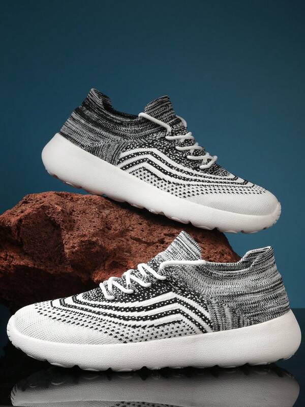 New Casual Elastic Mesh Breathable Lace-Up Sneakers For Men & Women, Comfortable Fitness Sport Leisure Shoes, Stripe & Geometric Pattern Suitable For Casual, Vacation, Office, Home, Gym, Outdoor, All Seasons
