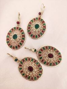 1 Pair Boho Colorful Golden Ellipse Pendant Earrings, Jewelry With Sun Flower Rhinestone Design For Party, Holiday, Daily Wear - Earrings - View 3