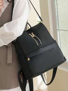 Women's Large Capacity Casual Backpack, Quilted Solid Color Versatile Shoulder Bag And Hand Bag - Black - View 4