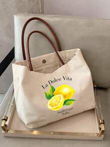亮丽柠檬图案印花手提袋，可重复使用的女士印花手提袋，双提手购物书包，大容量单肩包，休闲手提袋，圣诞节收纳袋，适合通勤、上学和购物，方便户外活动，送给朋友和闺蜜的礼物，教师节礼物，度假和节日的完美选择，最佳教师圣诞礼物，感恩节礼物 - 彩色 - 查看 4