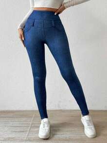 Thermisch gefütterte, bestickte Jeansoptik Leggings, Hoher Bund verdickte Fleece Hose, Warme Leggings für den Winter - Verschiedenfarbig - Übersicht 4