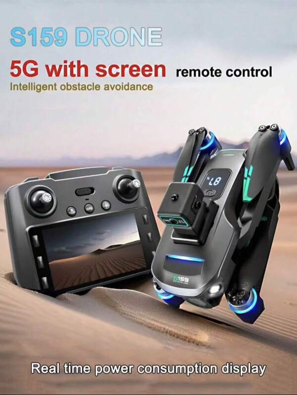 In 2025, The New S159 Large-Screen 5G Remote-Controlled Aerial Photography Drone Equipped With A High-Definition Camera And An Independent Display Screen Will Be Officially Launched On The Market. The Body Design Adopts A Cool Black And Green Color Scheme, And Is Equipped With Real-Time Battery Power Display And All-Round Obstacle Avoidance Functions. Christmas And Halloween Gifts