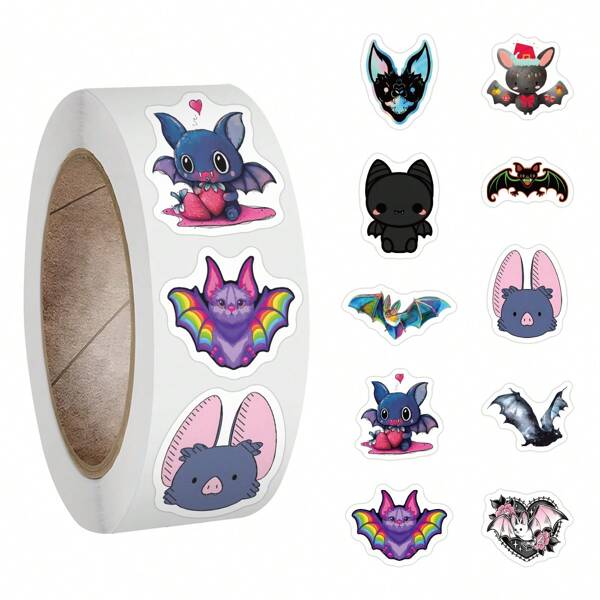 Adesivos de morcego em rolo com 500 peças, adesivos de vinil para scrapbook, diário, laptop, para-choque, skate, garrafas de água, computador, telefone, desenho animado de anime