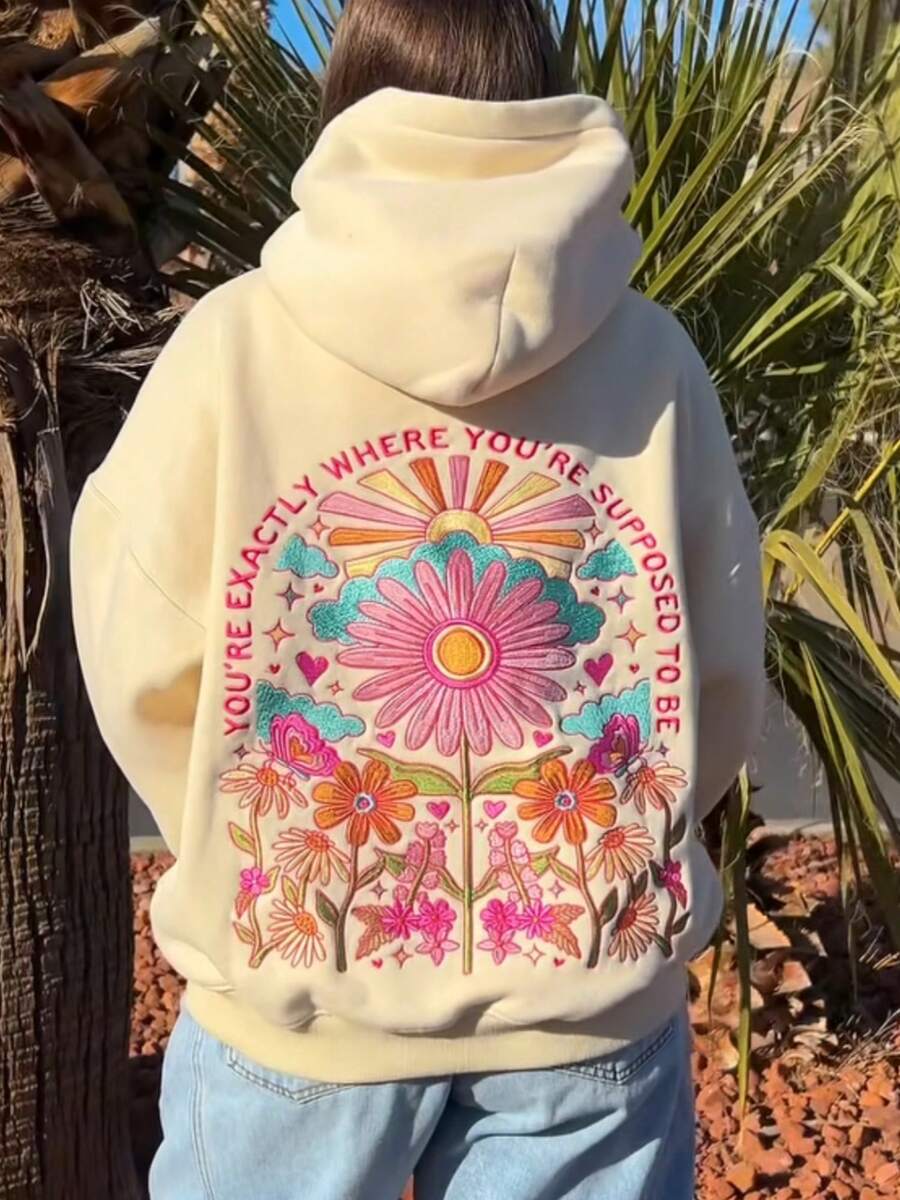 Womens Y2k Embroidered Graphic Hoodies Casual Cozy Stylish Floral Letter Pattern Long Sleeve Oversized Hooded Sweatshirt Loose Fit Pullover Tops For Fall Winter Clothes Outfit Streetwear Preppy Aesthetic  Clothes - 卡其色 - 查看 1