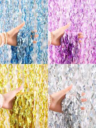 1/2/4 包闪光波浪金属丝箔流苏窗帘，2 * 1 米多色激光金属波浪飘带横幅，非常适合生日、婚礼、毕业典礼、万圣节、圣诞派对背景装饰、拍照亭道具（蓝色、粉色、金色、银色）