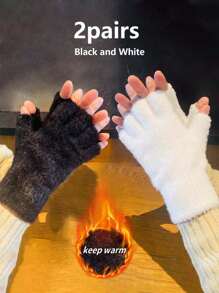 2 Pairs Unisex Solid Color Cute Fuzzy Half-Finger Gloves, Warm Outdoor Cycling Mittens With Wrist Protection For Autumn/Winter, Suitable For Daily Use