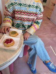 Women's Jacquard Knit Pullover Sweater, Regular Length, Slightly Stretchy, Multi-Color Floral Pattern, Casual Autumn/Winter