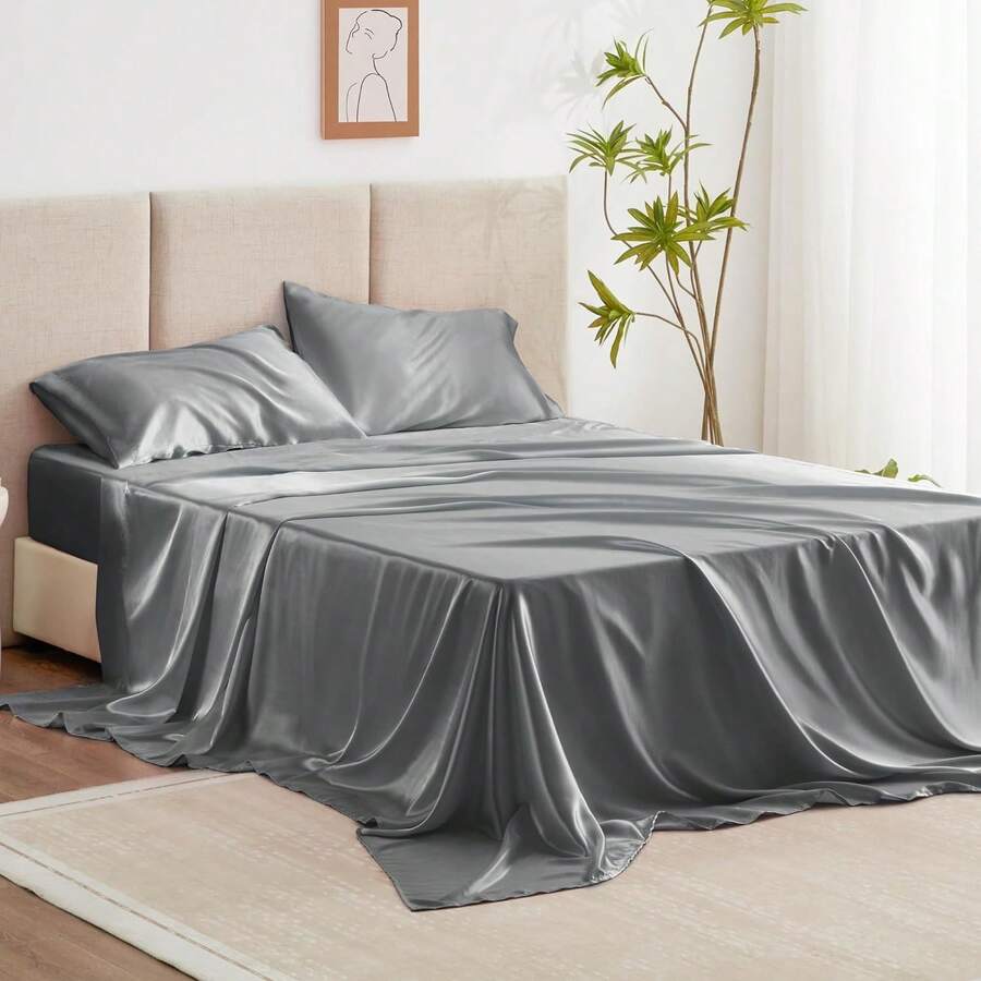 Full Size Satin Sheet Set - 4 Piece Dark Grey Silky Satin Set With Deep Pocket, Luxury Silk Feel Bedding Set (1 Flat, 1 Fitted Sheet, 2 Pillow Cases) - 深灰色 - 查看 1