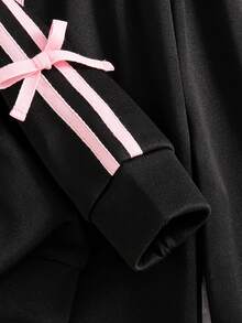 女童蝴蝶结图案印花保暖圆领运动衫和长裤套装 - 黑色 - 查看 3