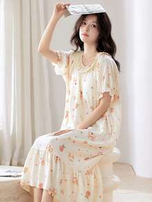 2 Sets For Women's Summer Wear, Thin, Short Sleeves, Manga Girl Crew Neck, Home Wear, Pajamas, Can Also Be Worn Going Out, 2-Piece Set - 米色 - 查看 4