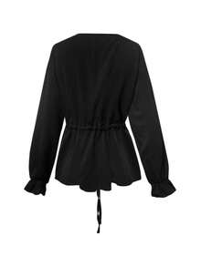 女士V领小丑系带衬衫，女士新款复古休闲宽松长袖系带衬衫