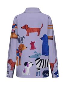 Women's Loose Fit Dog Print Shirt - Breathable Casual Top Spring - Blue - View 3