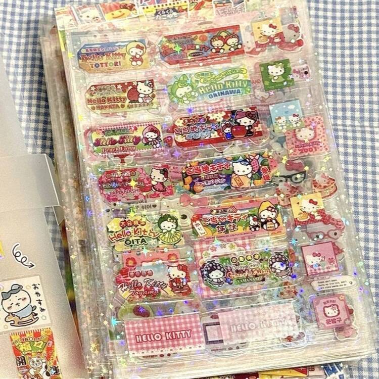 5张Hello Kitty随机不重复卡通模切贴纸可爱Kitty猫闪光激光贴纸动漫手册素材贴纸 - 彩色 - 查看 9