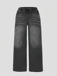 Quần jeans nữ ống rộng cạp chun, kiểu dáng thoải mái, màu trơn, chất liệu vải dệt dễ thương, gợi cảm, chất liệu cotton pha thoải mái, mẫu mới màu đen cho mùa xuân/hè. - màu đen - Xem 5