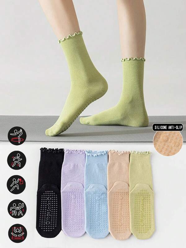 1/3/5 Pairs/Pack Women's Fungus Curled Spring And Summer Thin Solid Color Silicone Non-Slip Foot Sole With Grip Suitable For Yoga Exercise Pilates Indoor Fitness With Sportswear Yoga Pants Floor Mid-Tube Socks