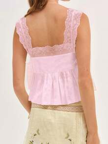 Women's Summer Tie Side Tank Tops Loose Fit Stylish Flower Embroidered Lace Trim Square Neck Sleeveless Vest Casual Daily - 粉色 - 查看 3
