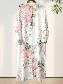 大码女式休闲碎花衬衫裙，优雅长袖上衣，春假必备 - 花色 - 查看 4
