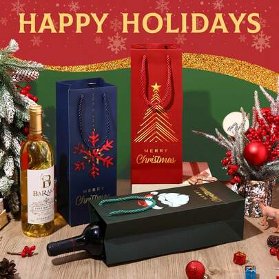 6 件/3 件带手柄的圣诞葡萄酒礼品袋，可重复使用的厚圣诞葡萄酒瓶包装纸袋，完美的节日生日派对袋，适用于葡萄酒、香槟、威士忌、圣诞礼物、家居装饰、各种颜色和款式的圣诞节圣诞装饰圣诞睡衣圣诞礼物圣诞装饰