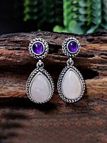 1 Pair Vintage Silver-Tone Inlaid Natural Quartz Teardrop Dangle Earrings