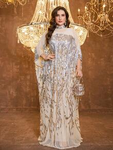 SUPGIR Plus Size Women's Elegant Evening Dress With Random Print, Stand Collar, Long Sleeve, Sequin Patchwork Spring Vacation Fall - Champagne - View 3