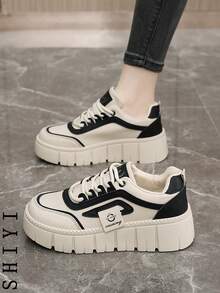 【厚底增高系列】2025春夏新款女士休闲鞋女厚底鞋小白鞋舒适运动鞋增高5cm派对鞋适合矮个子女性运动风格 - 黑色 - 查看 8