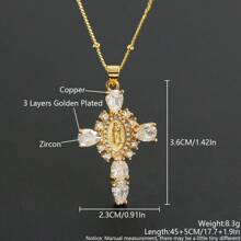 1 Pc Vintage Oval Virgin Mary Cubic Zirconia Cross Pendant Necklace Copper Jewelry