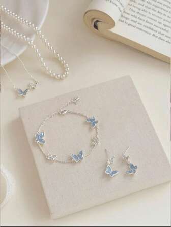 1pc/2pcs/5pcs Set Elegant Asymmetrical Blue Crystal Butterfly Faux Pearl Necklace Bracelet Earrings Ring Jewelry Set, Great Holiday Gift For Girlfriend/Best Friend