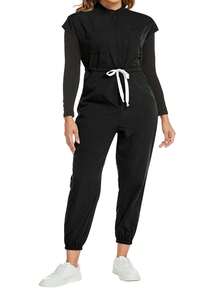 Cimmuovere Mono de talla grande con manga corta, cintura anudada, pliegues, cremallera y cuello alto - Negro - Ver 4