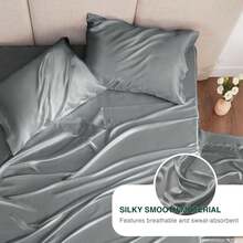 Full Size Satin Sheet Set - 4 Piece Dark Grey Silky Satin Set With Deep Pocket, Luxury Silk Feel Bedding Set (1 Flat, 1 Fitted Sheet, 2 Pillow Cases) - 深灰色 - 查看 6