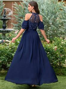 MIUSOL 亮片刺绣蕾丝露背荷叶边袖褶边下摆雪纺正式派对长裙，女士优雅派对礼服，舞会礼服，适合婚礼宾客、毕业典礼、晚宴 - 藏蓝色 - 查看 3