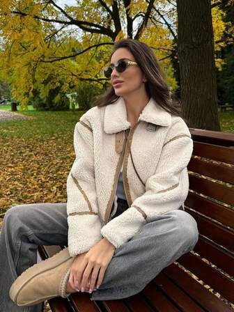 HZXVIC Women's Winter New Arrival Colorblock Ribbed Faux Fur Retro Motorcycle Fleece Flared Hooded Loose Jacket Outerwear