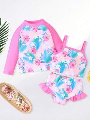 Kids Girl 3 Piece Swimsuits Summer Fish Scale Print Camisole And Elastic Ruffles Shorts Cover Up Set Bathing Suits