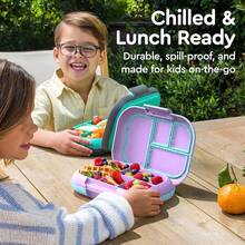 Lonchera a prueba de fugas Chill Kids - Caja Bento de 4 compartimentos con paquete de hielo incorporado, capacidad de 3.3 tazas, libre de PFAS y BPA, apta para microondas y lavavajillas, tamaño para edades de 3 a años (Verde/Azul Marino) - Edición Confeti - Orquídea Vívida - Ver 4