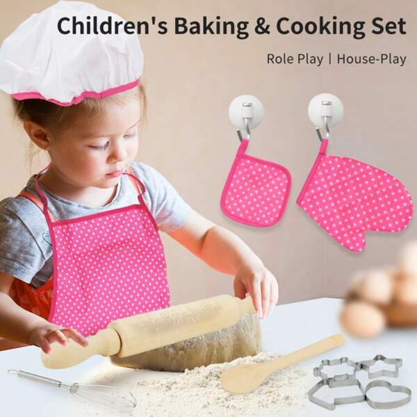 11pcs Pink Cute Role Play Chef Set For Girls, Kids Bakeware Pretend Play Cake Dessert Cooking Utensil Apron Rolling Pin Kitchen Toys, Preschool Indoor Parent-Child Activity, Develop Hands-On Ability, Birthday Gift