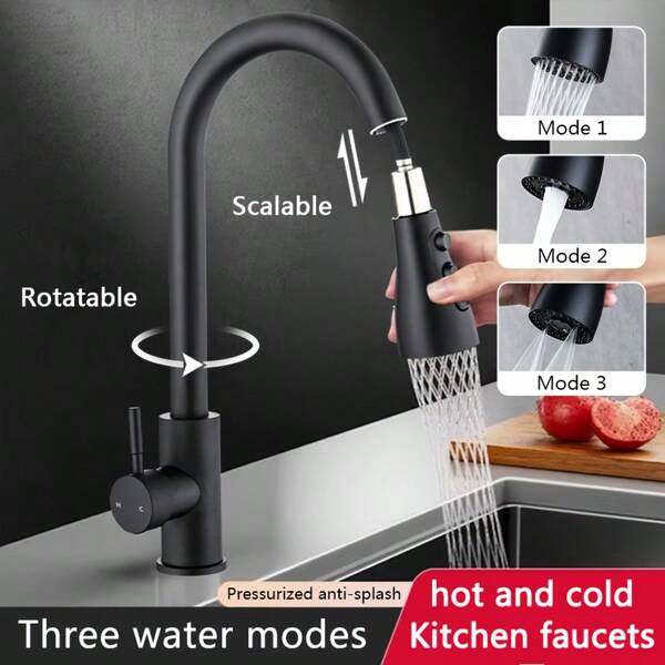 1 set de robinet de cuisine noir rétractable à eau chaude et froide convenant pour évier, avec 3 modes (aération + eau douce + jet puissant), commutateur eau chaude/froide, 360° extensible pour le nettoyage, comprend les accessoires d'installation et le tuyau d'arrivée