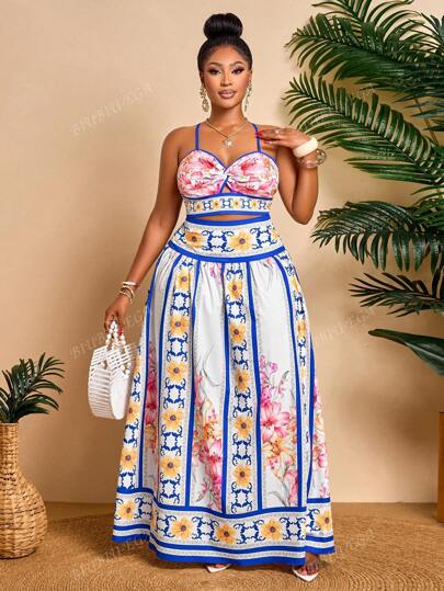 2 Piece Plus Size Sexy Elegant Spaghetti Strap Top And Skirt Set, Random Floral Pattern
