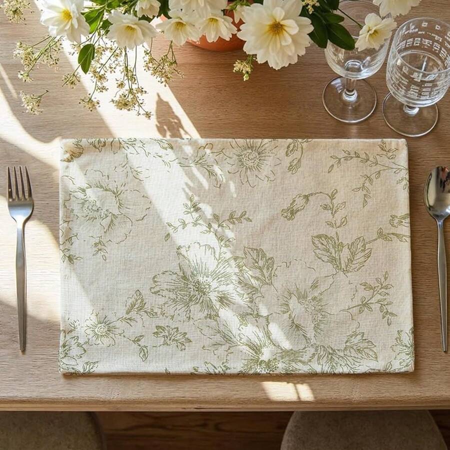 JINCHAN Linen Floral Fall Placemats Set Of 4 Cloth Table Mats Rustic Cottagecore Jacobean Outdoor Seasonal For Kitchen Dining Table Decor Non-Slip Washable Tablemats 13x19 Inch Green - 綠色 - 查看 1
