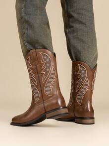 Men's Cowboy Boots Leather Western Style Rugged Comfortable Durable Short Retro Country Square Toe Boot - màu nâu - Xem 6