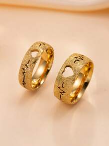 2pcs 8mm, 6mm Stainless Steel Hollow Heart, Cardiogram Matte Finish Rings Set, Suitable For Daily Wear Or Gift
