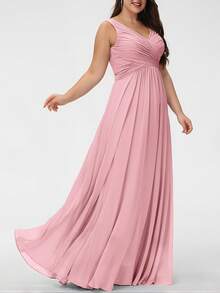 Váy phù dâu dài chấm đất cổ chữ V chữ A xếp ly xếp ly - Bụi hồng - Xem 1