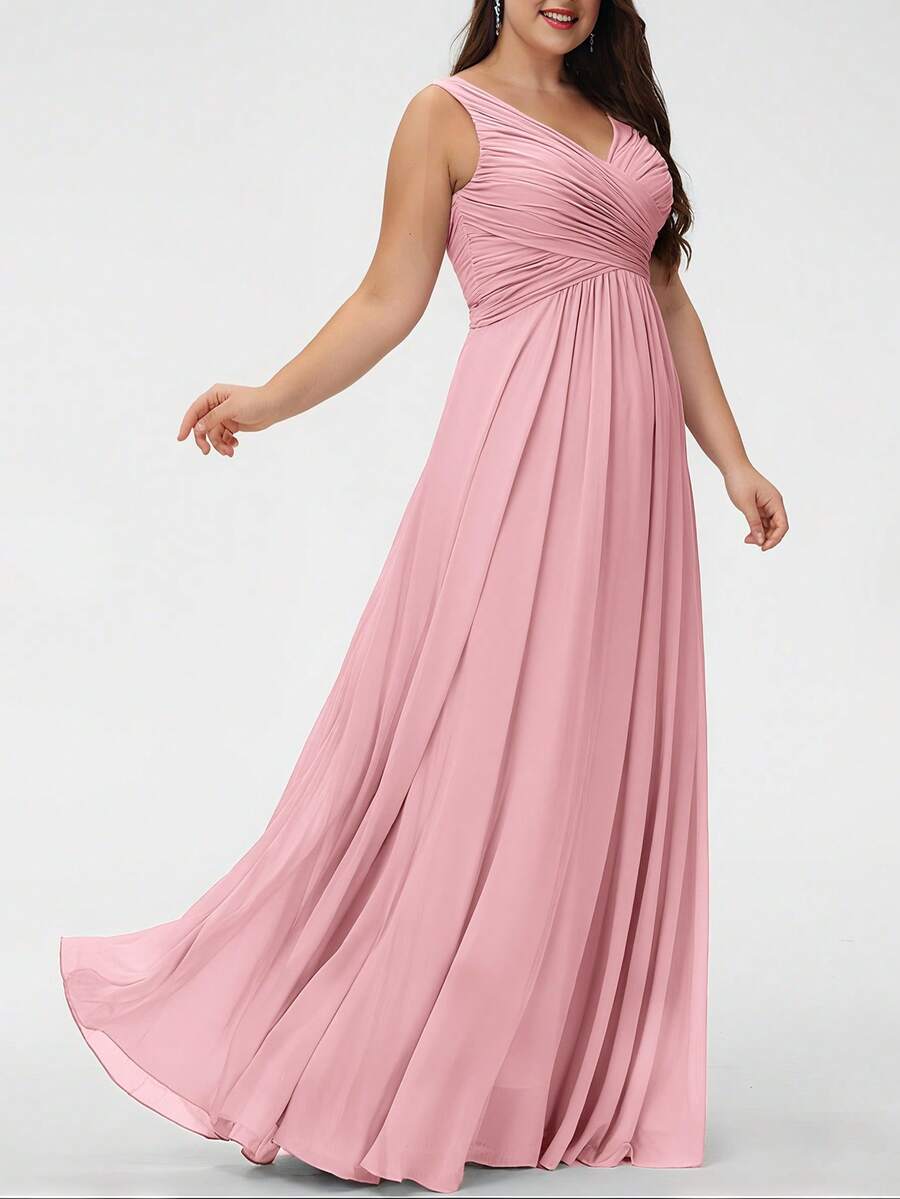 Váy phù dâu dài chấm đất cổ chữ V chữ A xếp ly xếp ly - Bụi hồng - Xem 1