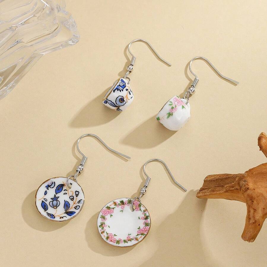 1 par de pendientes con diseño de taza y platillo de cerámica únicos, joyas de pendientes adecuadas para uso diario, festivales, fiestas, regalos