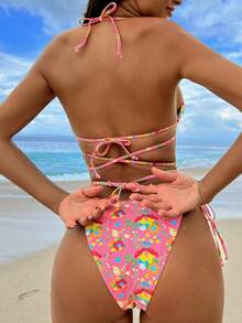 Floral Print Metal Ring Wrapped Bikini Set - Multicolor - View 3