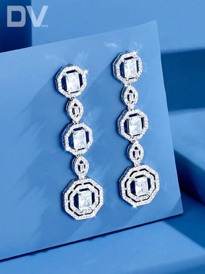 DV JEWELRY 1 Pair Platinum Plated Cubic Zirconia Pendant Earrings For Women, Luxury Jewelry Gift For Date, Wedding, Party, Anniversary, With Gift Box