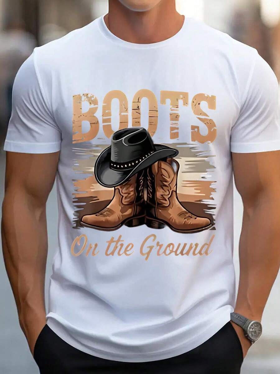 Boots On The Ground Crew Neck Short Sleeve T-Shirt For Women Graphic Tee Shirt For Everyday Wear For Ladies - 白色 - 查看 1