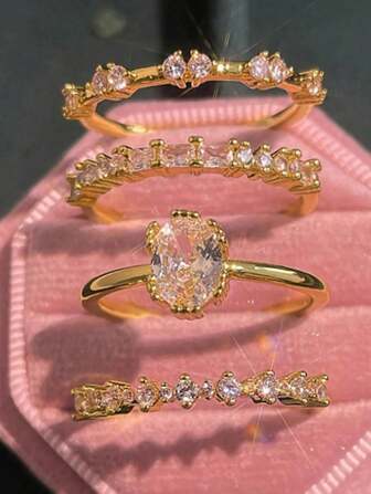 Set de 4 anillos de aleación con baño de oro, elegantes y versátiles, con incrustaciones de cristales, adecuados como regalo para la novia, anillos de boda/compromiso