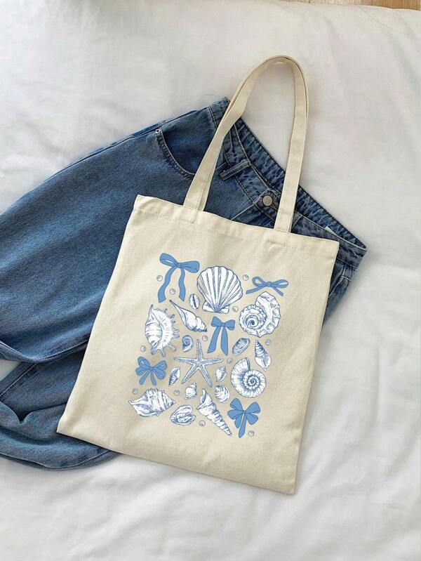 Bow Pattern Women'S Handbag, Summer Beach Elements (Shells, Starfish, Bows) Shopping Bag - Reusable, Foldable Large Capacity Casual Shopping Bag, Simple Bohemian Style Handbag, Back To School Supplies, Suitable For Work, Travel, Shopping, Schoolbag, Large Capacity, Portable, Suitable For Teenage Girls, Female College Students, White-Collar Workers, Very Suitable For Work, Back To School, Junior High School, High School, College And Vacation