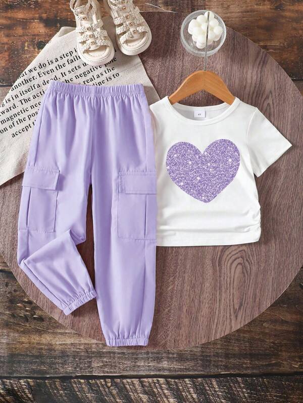 Back To School Girls Clothes, 4-7 Years Old, Pink Heart Pattern White Round Neck Short Sleeve T-Shirt Paired With Pink Long Cargo Pants, Casual, Outdoor, Sports, Travel Suitable